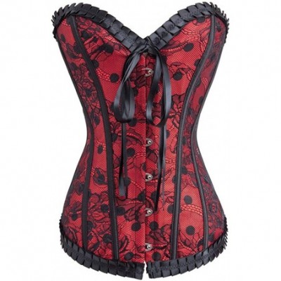 Bustiers & Corsets Women's Satin Floral Gothic Boned Overbust Corset Sexy Waist Cincher Bustier Top - Red - CX18LULOYQX