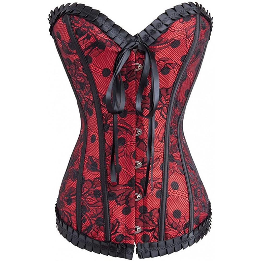 Bustiers & Corsets Women's Satin Floral Gothic Boned Overbust Corset Sexy Waist Cincher Bustier Top - Red - CX18LULOYQX