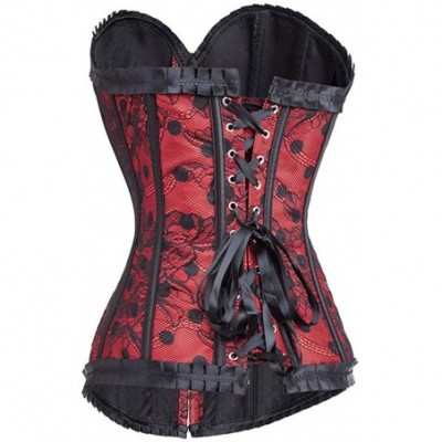 Bustiers & Corsets Women's Satin Floral Gothic Boned Overbust Corset Sexy Waist Cincher Bustier Top - Red - CX18LULOYQX