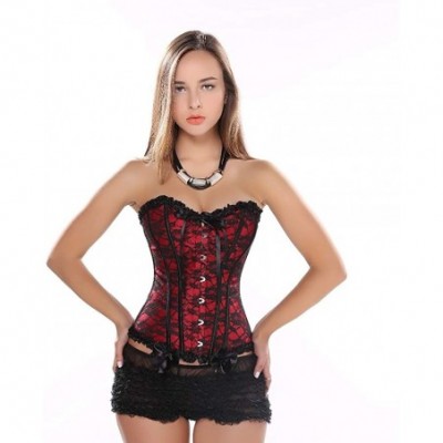 Bustiers & Corsets Women's Satin Floral Gothic Boned Overbust Corset Sexy Waist Cincher Bustier Top - Red - CX18LULOYQX