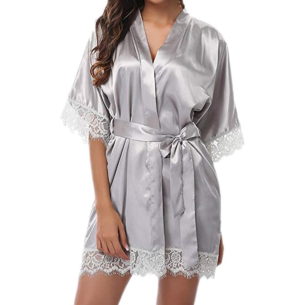 Robes Women's Lady Sexy Lace Sleepwear Satin Nightwear Lingerie Pajamas Suit - Gray - C1195S8ZR83