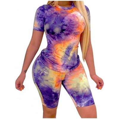 Thermal Underwear Womens Tie-Dye Short Sleeve O-Neck Tops Beach Shorts Summer Sports Yoga Fitness Casual Set - Purple - CR190...