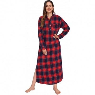 Nightgowns & Sleepshirts Women's Plaid Flannel Nightgowns Full Length Sleep Shirts - Red - CM18NMW7Y2M