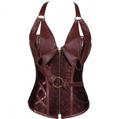 Bustiers & Corsets Women V-Neck Halter Steampunk Overbust Corset 14 Steel Boned Gothic Leather Bustier - Brown - C71979SH3DK