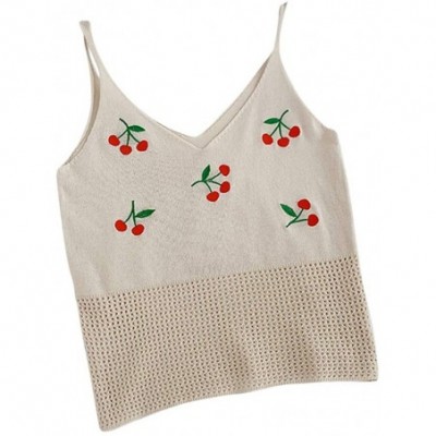 Robes Women Casual Cherry Print Wild V-Neck Hollow Sling Bottoming Vest Top - Beige - C6194GRKHD9