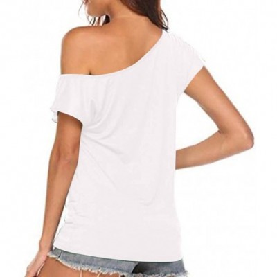 Tops Women's Off Shoulder Blouses Casual Letter Print T-Shirts Loose Short Sleeve Summer Tunic Tops - White - CT1979SARWC