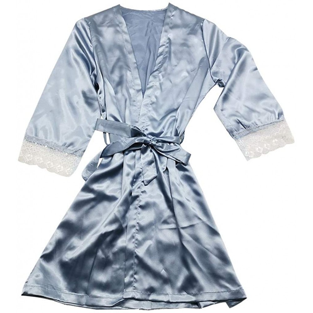 Robes Kimono Robes Womens Sexy Lace Patchwork Sleepwear Soft Smooth Satin Bathrobe Full Slip Sleepwear Nighties Light Blue - ...