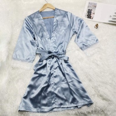 Robes Kimono Robes Womens Sexy Lace Patchwork Sleepwear Soft Smooth Satin Bathrobe Full Slip Sleepwear Nighties Light Blue - ...