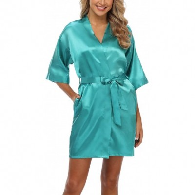 Robes Women's Pure Color Silk Kimono Short Robes for Bridesmaids and Bride - Dark Green - CO19D5YZ02G