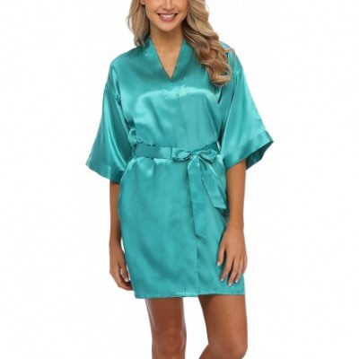 Robes Women's Pure Color Silk Kimono Short Robes for Bridesmaids and Bride - Dark Green - CO19D5YZ02G