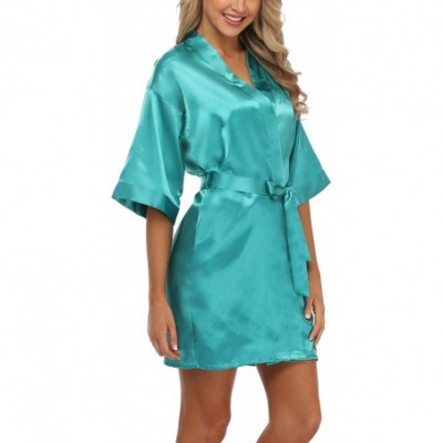 Robes Women's Pure Color Silk Kimono Short Robes for Bridesmaids and Bride - Dark Green - CO19D5YZ02G