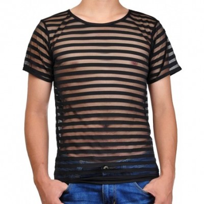 Undershirts Men's See-Through Striped Mesh Sports Undershirt T-Shirt Top - Black - CU121XLPLGJ