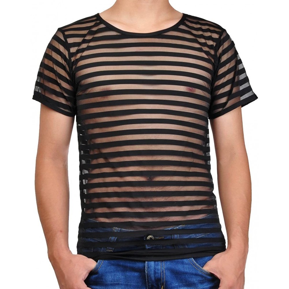 Undershirts Men's See-Through Striped Mesh Sports Undershirt T-Shirt Top - Black - CU121XLPLGJ