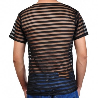 Undershirts Men's See-Through Striped Mesh Sports Undershirt T-Shirt Top - Black - CU121XLPLGJ