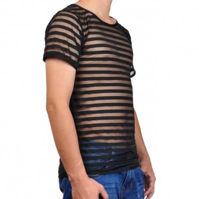 Undershirts Men's See-Through Striped Mesh Sports Undershirt T-Shirt Top - Black - CU121XLPLGJ