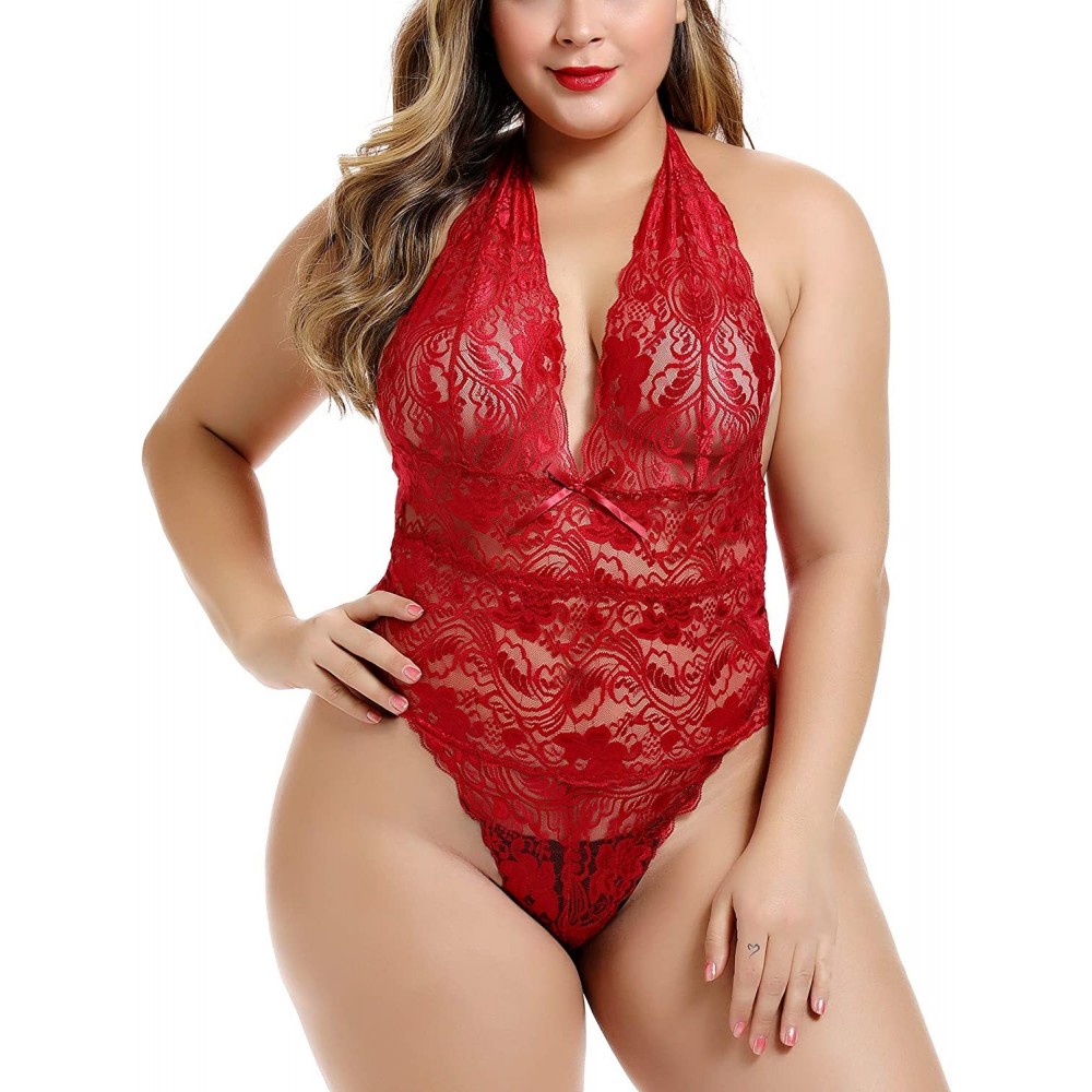 Baby Dolls & Chemises Women Halter Plunge Teddy Lingerie High-Cut Allover Scalloped Lace Bodysuit Plus Size - Merlot - CK18LT...