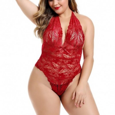 Baby Dolls & Chemises Women Halter Plunge Teddy Lingerie High-Cut Allover Scalloped Lace Bodysuit Plus Size - Merlot - CK18LT...