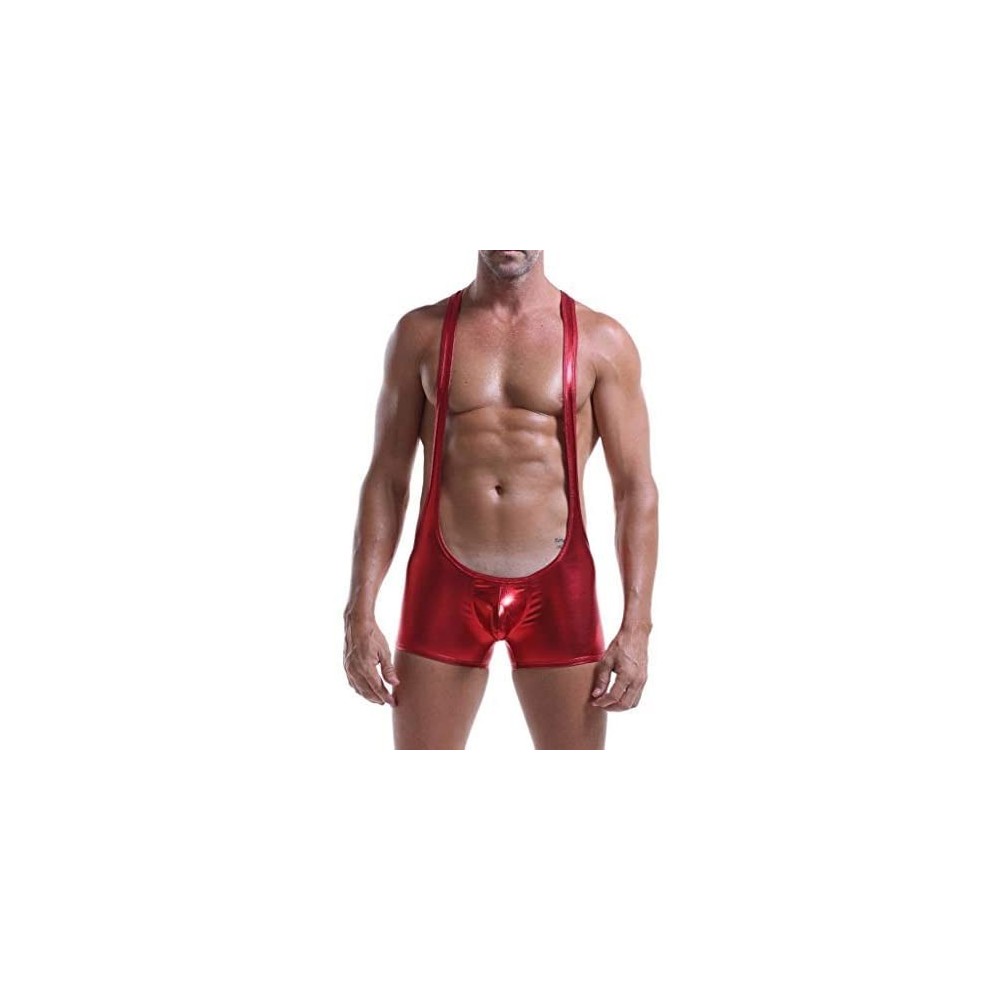 G-Strings & Thongs Men Sexy Leather Jumpsuit Erotic Underwear Gay Briefs Club Fancy Dress Plus Size - Red - CD18XLN96NI