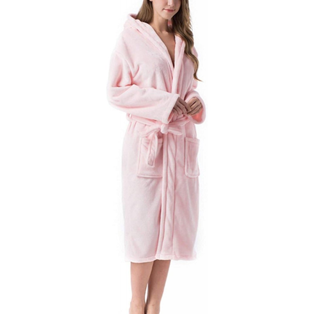 Robes Women's Dressing Gown Bath Robe Fleece Hooded Bathrobe Loungewear - Pink - CG19736IYK2