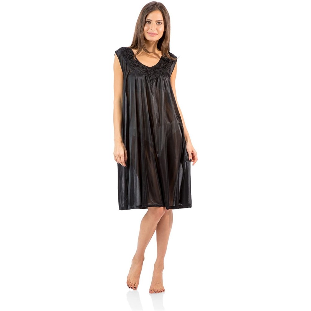 Nightgowns & Sleepshirts Women's Sleeveless Flower Satin Nightgown - Black - C612O63A6Z2