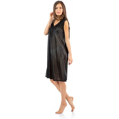 Nightgowns & Sleepshirts Women's Sleeveless Flower Satin Nightgown - Black - C612O63A6Z2