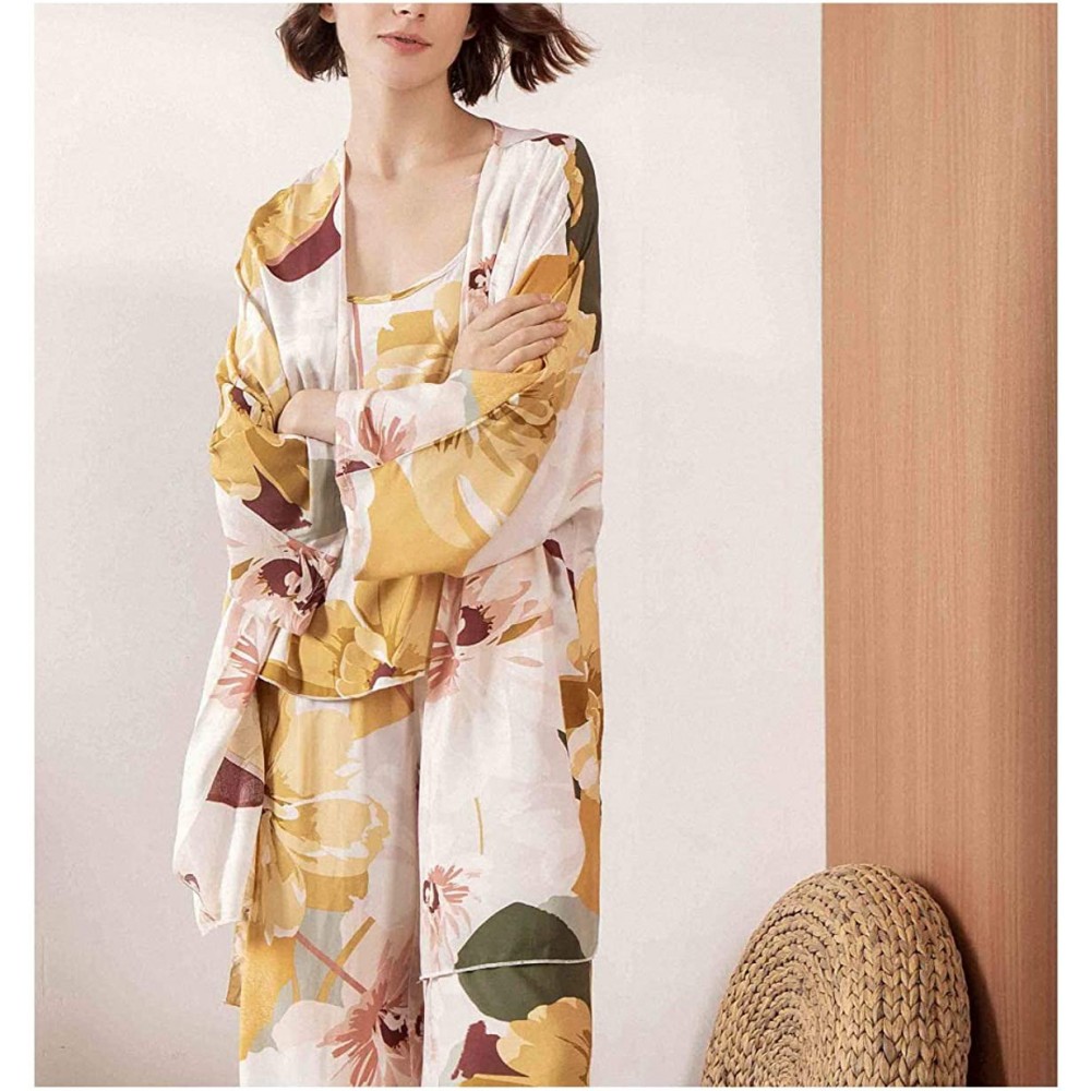 Sets 3 pcs Soft Pajama Set for Spring Fall Ladies Sleepwear Floral Printed Pink Leaves Cardigan+Camisole+Pants Homewear - Col...