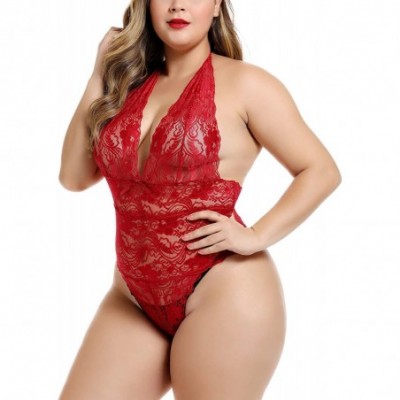 Baby Dolls & Chemises Women Halter Plunge Teddy Lingerie High-Cut Allover Scalloped Lace Bodysuit Plus Size - Merlot - CK18LT...