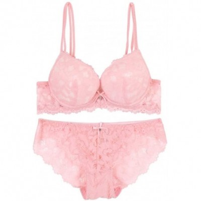 Bras Womens Sexy Lace Bra Set Push Up Embroidered Lace Bra and Panty Set - Pink - CM18NKCGIDZ