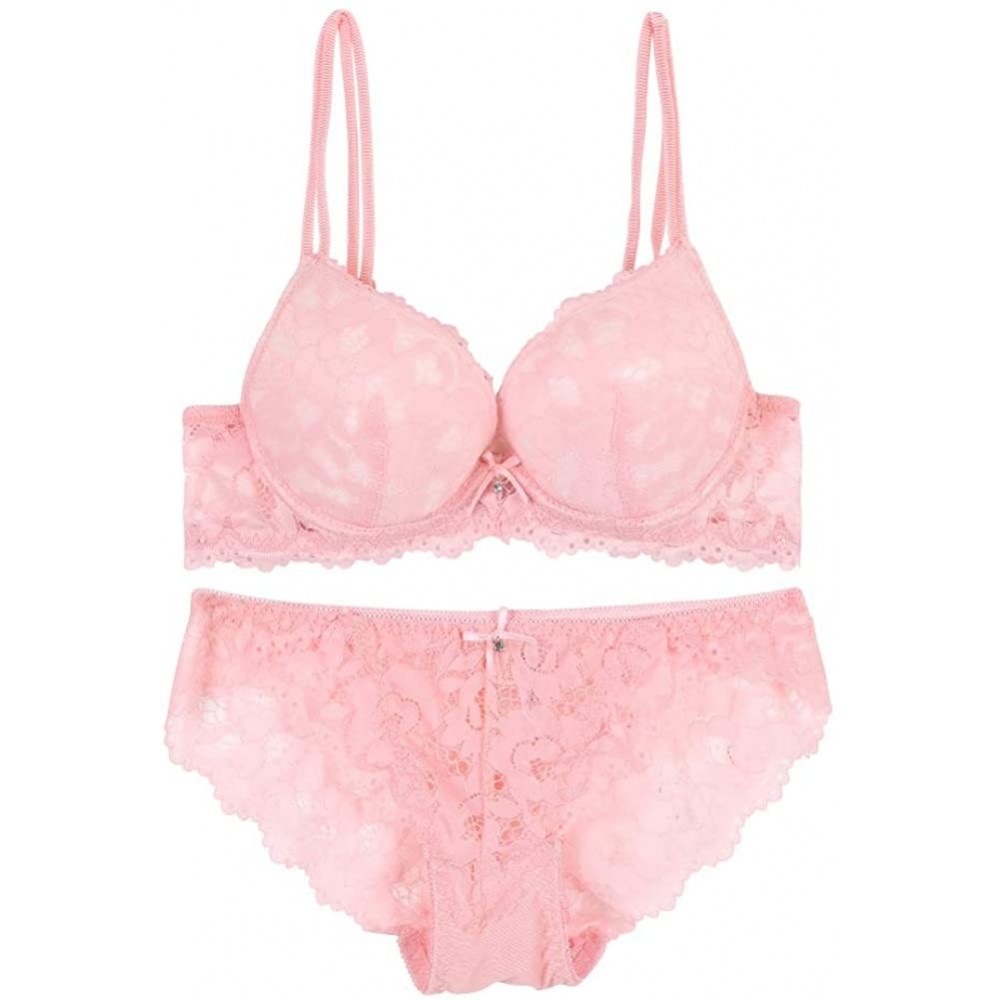 Bras Womens Sexy Lace Bra Set Push Up Embroidered Lace Bra and Panty Set - Pink - CM18NKCGIDZ