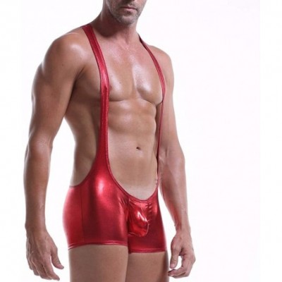 G-Strings & Thongs Men Sexy Leather Jumpsuit Erotic Underwear Gay Briefs Club Fancy Dress Plus Size - Red - CD18XLN96NI