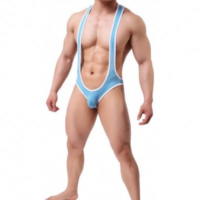 G-Strings & Thongs Men's Sexy Nylon Jockstrap Leotard Underwear Jumpsuits Wrestling Singlet Bodysuit - Blue - CV18TKSOH5E