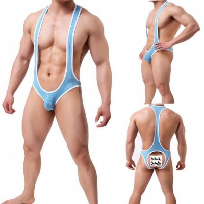 G-Strings & Thongs Men's Sexy Nylon Jockstrap Leotard Underwear Jumpsuits Wrestling Singlet Bodysuit - Blue - CV18TKSOH5E