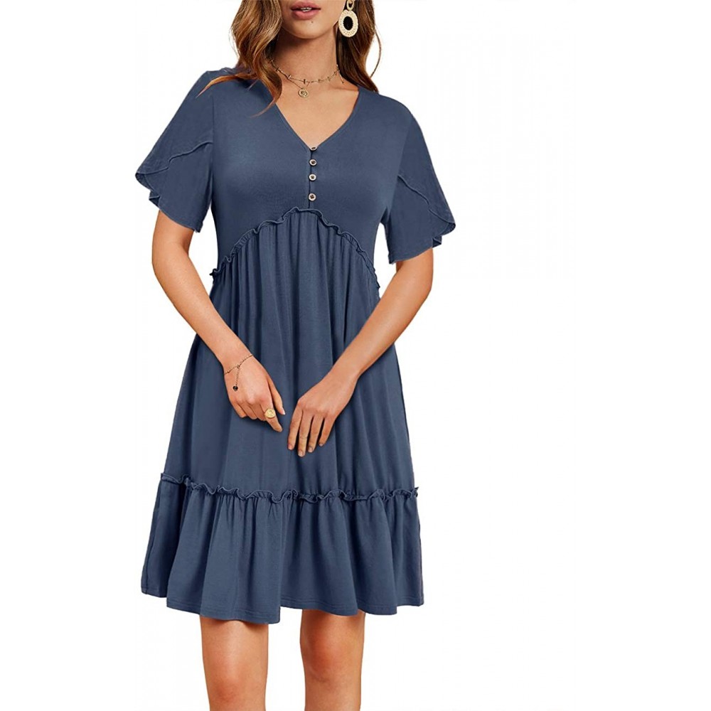 Nightgowns & Sleepshirts Women's Casual Ruffle Dresses Button V Neck Long Sleeve Empire Waist Swing Tunic Dress - Z-blue - C9...