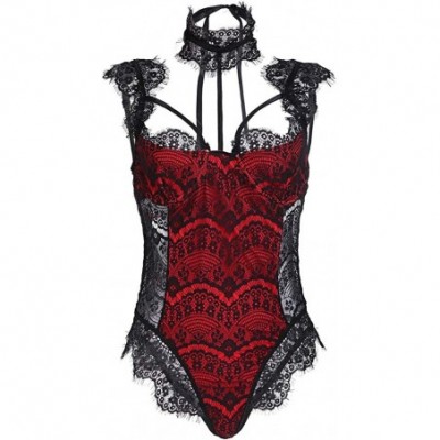 Baby Dolls & Chemises Womens Lace Lingerie Mesh Dress Jumpsuit Sexy Babydoll Gartered Bodysuit - Red - CA1973DNG8C