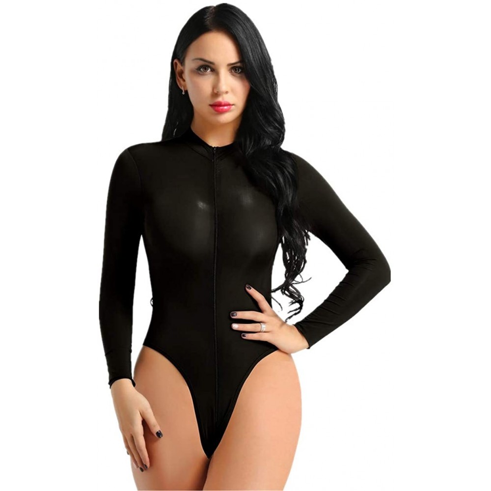 Shapewear Women's One Piece See Through Sheer Lingerie High Cut Zippered Thong Leotard Bodysuit - Black - CB194K878C3