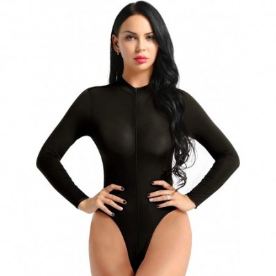 Shapewear Women's One Piece See Through Sheer Lingerie High Cut Zippered Thong Leotard Bodysuit - Black - CB194K878C3