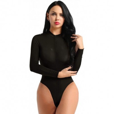 Shapewear Women's One Piece See Through Sheer Lingerie High Cut Zippered Thong Leotard Bodysuit - Black - CB194K878C3