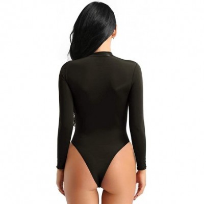 Shapewear Women's One Piece See Through Sheer Lingerie High Cut Zippered Thong Leotard Bodysuit - Black - CB194K878C3