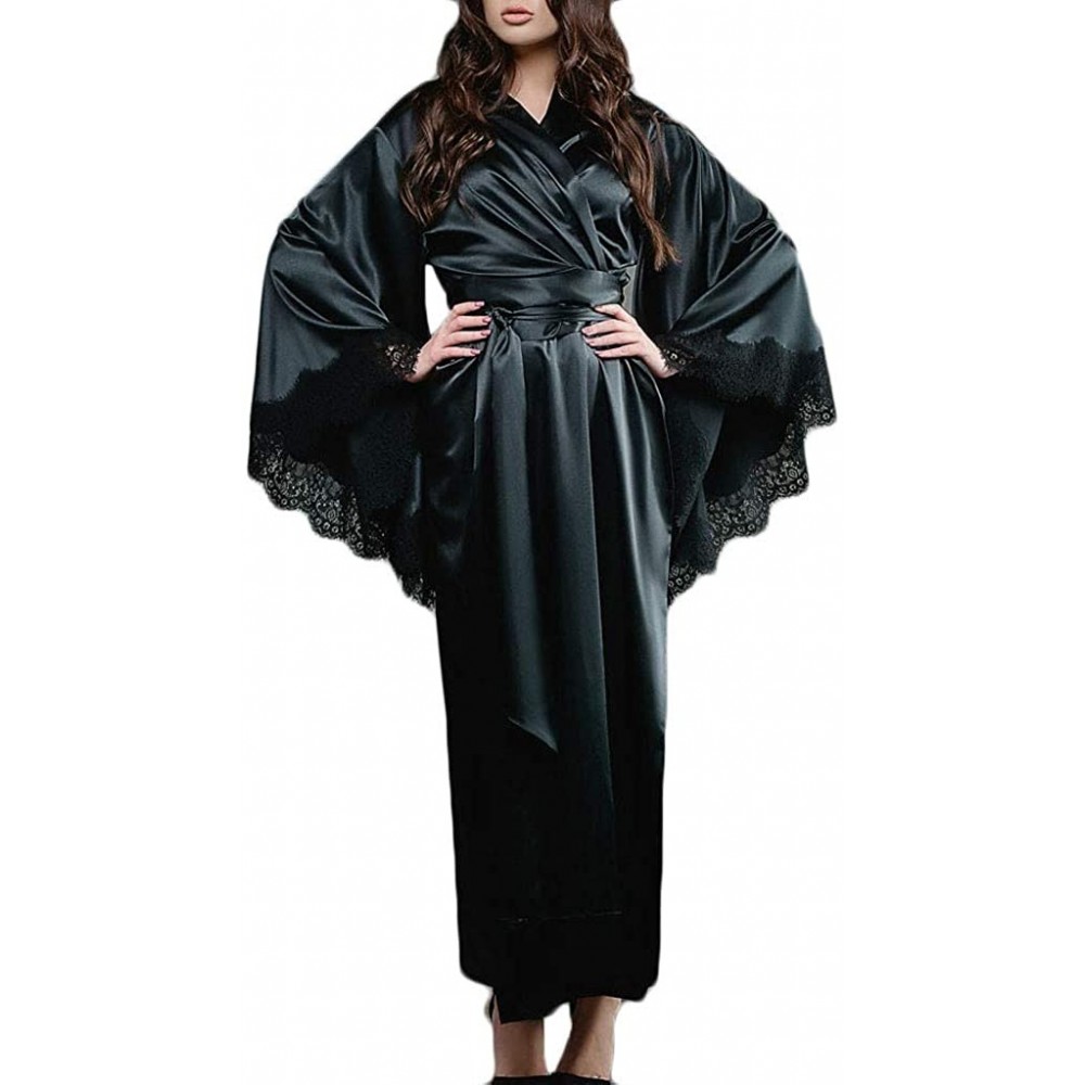 Robes Sexy Lace Satin Kimono Long Robe Bathrobe Lingerie Nightwear Belt Pajamas - Black - CW18UXHLKSK