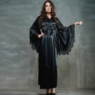 Robes Sexy Lace Satin Kimono Long Robe Bathrobe Lingerie Nightwear Belt Pajamas - Black - CW18UXHLKSK