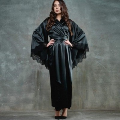 Robes Sexy Lace Satin Kimono Long Robe Bathrobe Lingerie Nightwear Belt Pajamas - Black - CW18UXHLKSK