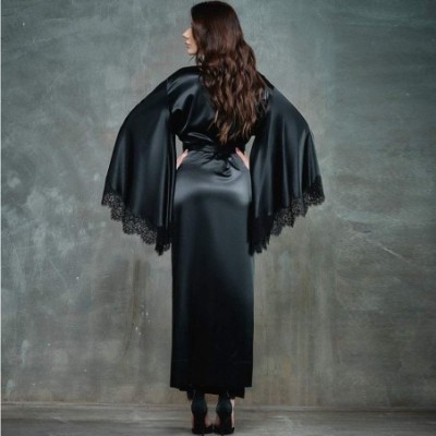 Robes Sexy Lace Satin Kimono Long Robe Bathrobe Lingerie Nightwear Belt Pajamas - Black - CW18UXHLKSK