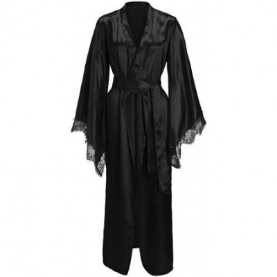 Robes Sexy Lace Satin Kimono Long Robe Bathrobe Lingerie Nightwear Belt Pajamas - Black - CW18UXHLKSK