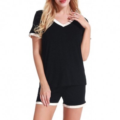 Sets Women's V-Neck Pajamas Set Short Sleeve Sleepwear Ladies Loungewear - Black - CU18G2KC62A