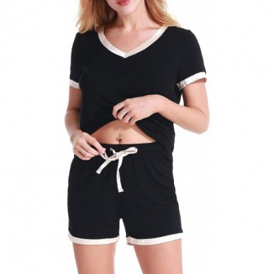 Sets Women's V-Neck Pajamas Set Short Sleeve Sleepwear Ladies Loungewear - Black - CU18G2KC62A