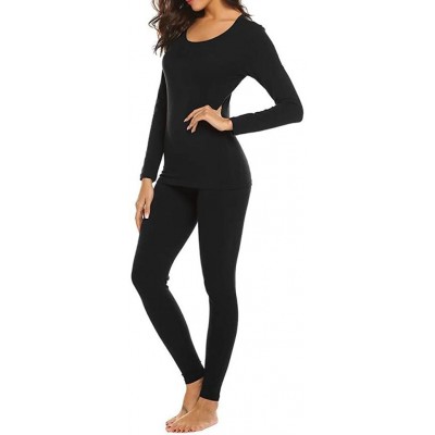 Thermal Underwear Women Thermal Underwear Set Casual Autumn Winter O-Neck Tops Elastic Pants Slim Pajamas Nightwear - Black -...