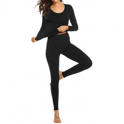 Thermal Underwear Women Thermal Underwear Set Casual Autumn Winter O-Neck Tops Elastic Pants Slim Pajamas Nightwear - Black -...