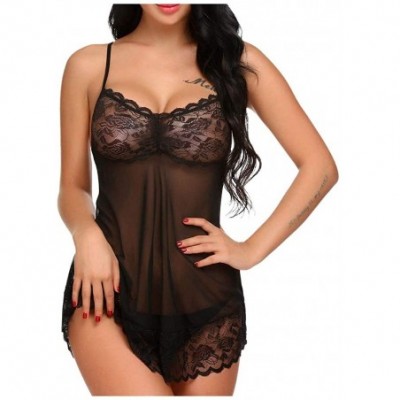 Garters & Garter Belts Womens Chemise Lace Underwear See Through Lingerie Cami Pajamas Sleepwear Valentine's Day - Black - C9...