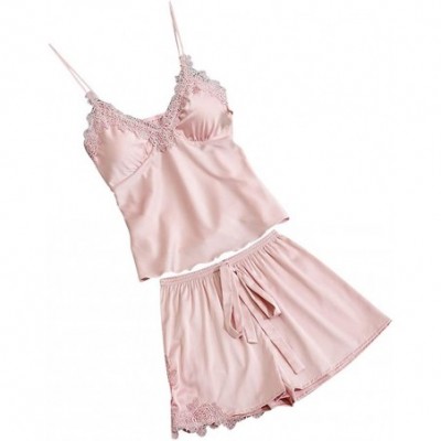 Shapewear Womens Lingeries Sexy Satin Sling Sleepwear Lace Bowknot Nightdress Underwear Set Thin Camisoles - Pink - C118S6XO8Q4