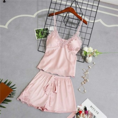 Shapewear Womens Lingeries Sexy Satin Sling Sleepwear Lace Bowknot Nightdress Underwear Set Thin Camisoles - Pink - C118S6XO8Q4